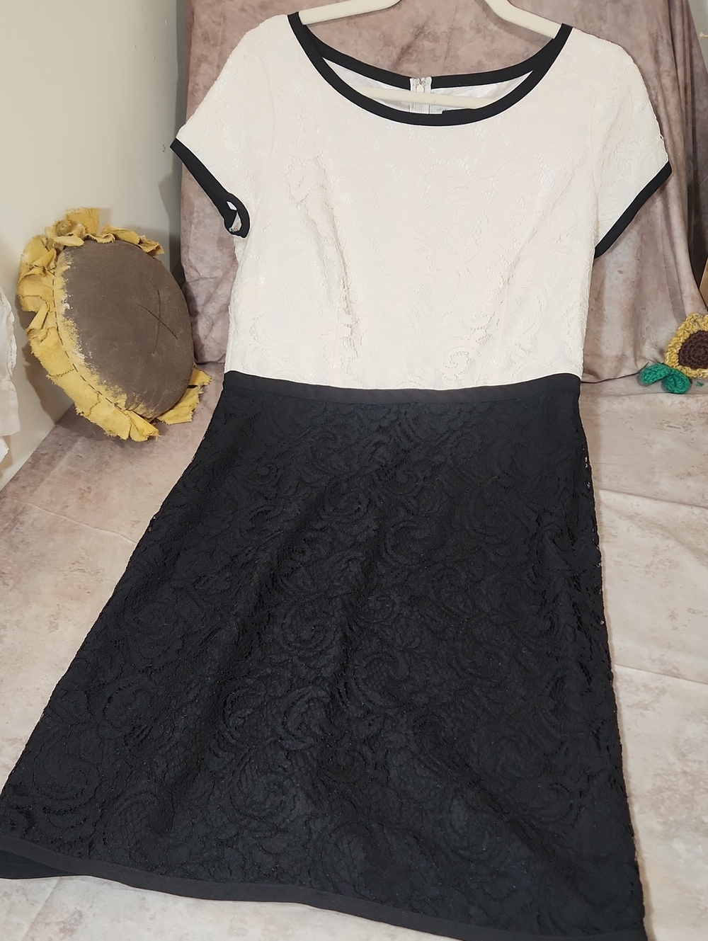 Ann Taylor White Lace Midi Dress with Black Trim